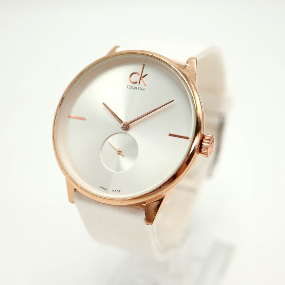 Calvin Klein Swiss Rose Gold Silver Tone 40mm Watch Minimal White w New Battery